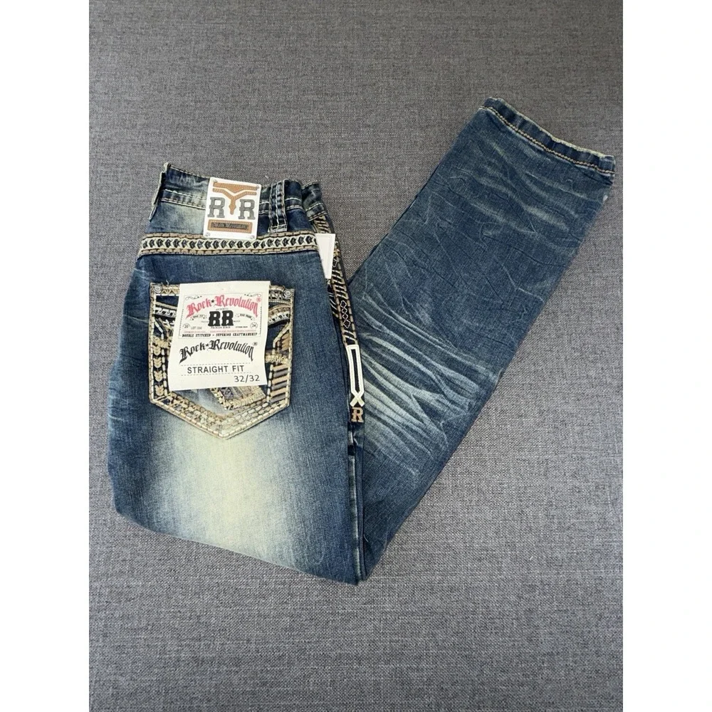 NWT Rock Revolution RR Straight Fit Jeans Men's 32x32 Blue Premium Denim